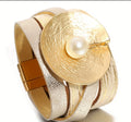 Bohemian Wide Faux Leather Wrap Bracelet with Imitation Imitation Pearl & Wrinkled Metal Charm - Golden-Tone Magnetic Clasp Jewelry for Women & Men, Everyday to Party Wear, Holiday Gift for Mother’s Day, Father’s Day, Graduation